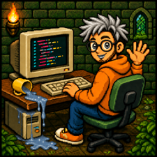 developer with backwards arm, spilled potion, lipstick and goatee